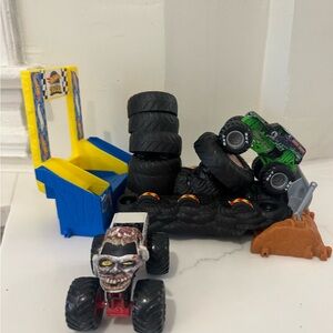 Monster Truck Playset with Green and White Trucks - Kids Vehicles